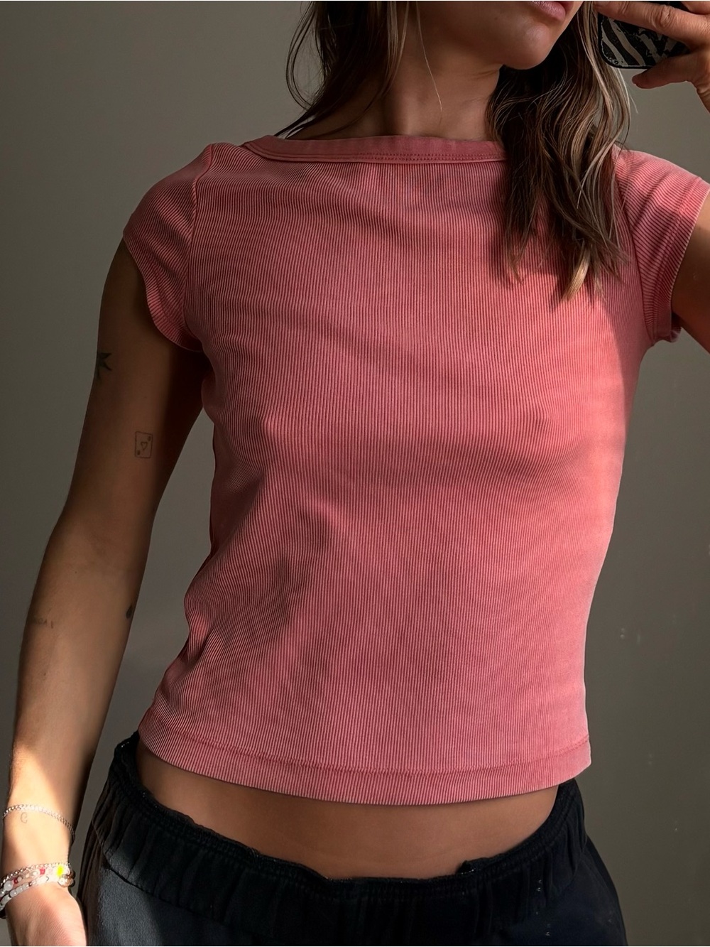 Ribbed Pink Short-Sleeve Boatneck Top